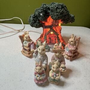 7 Pc Bunny and Lighted‎ Tree House Set 90s Resin Easter Spring Decoration Box